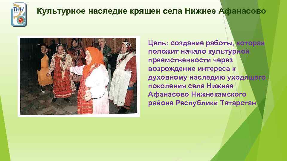 Культурное наследие кряшен села Нижнее Афанасово Цель: создание работы, которая положит начало культурной преемственности