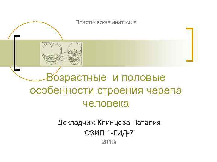 Пластическая анатомия Возрастные и половые особенности строения черепа человека Докладчик: Клинцова Наталия СЗИП 1