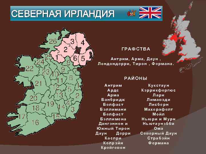 Ирландия и северная ирландия. Административно территориальное деление Северной Ирландии. Северная Ирландия делится на 6 графств. Графства Северной Ирландии. Северная Ирландия состоит из 26 округов и 6 графств:.