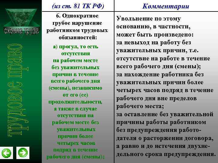(из ст. 81 ТК РФ) Комментарии 6. Однократное грубое нарушение работником трудовых обязанностей: Увольнение