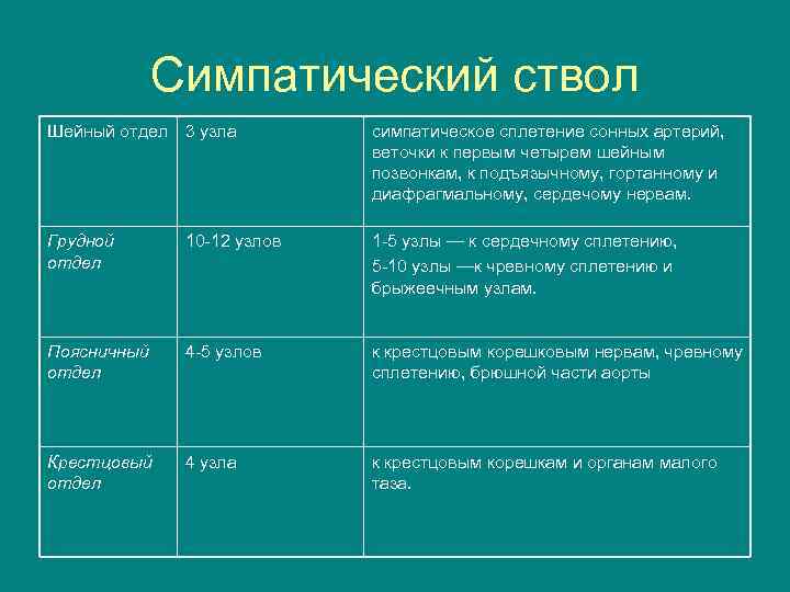 Симпатический ствол Шейный отдел 3 узла симпатическое сплетение сонных артерий, веточки к первым четырем