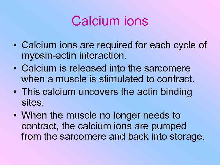 Calcium ions • Calcium ions are required for each cycle of myosin-actin interaction. •