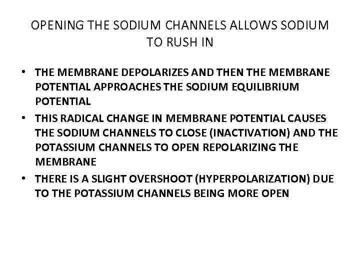 OPENING THE SODIUM CHANNELS ALLOWS SODIUM TO RUSH IN • THE MEMBRANE DEPOLARIZES AND
