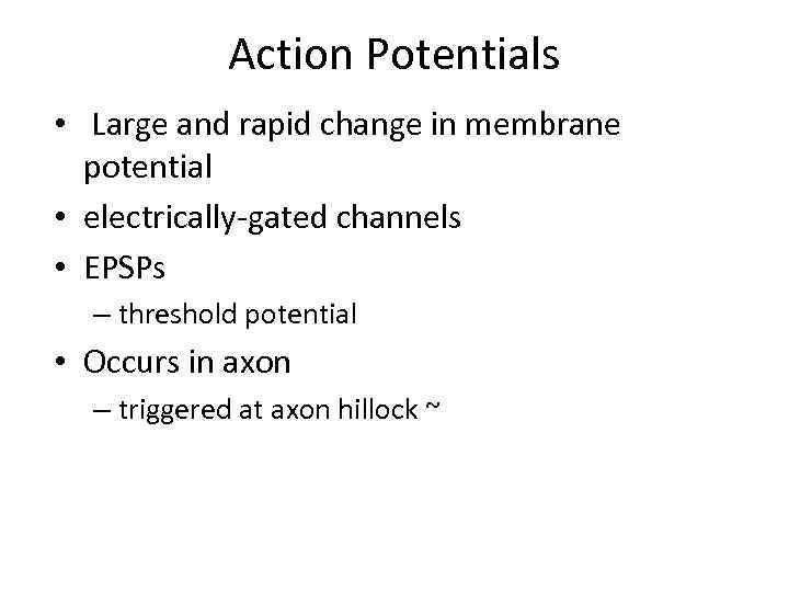 Action Potentials • Large and rapid change in membrane potential • electrically-gated channels •