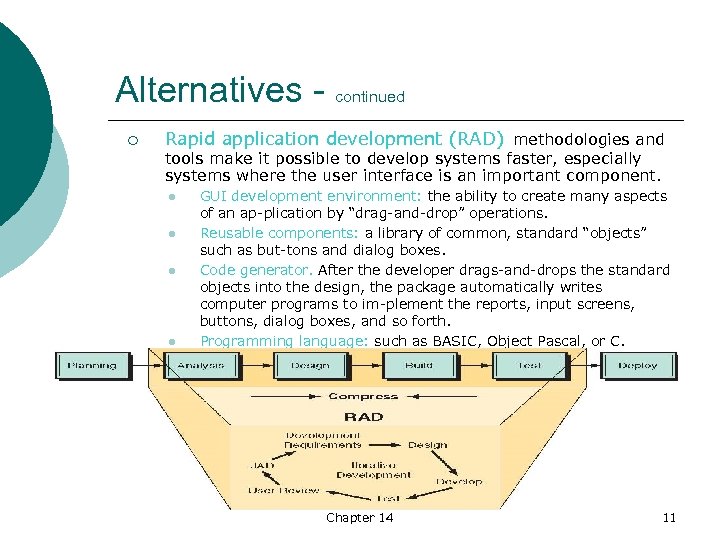 Alternatives - continued ¡ Rapid application development (RAD) methodologies and tools make it possible