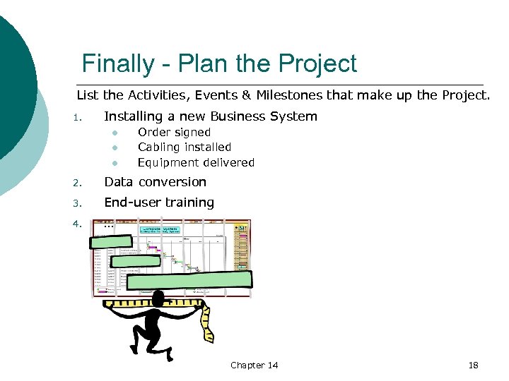 Finally - Plan the Project List the Activities, Events & Milestones that make up