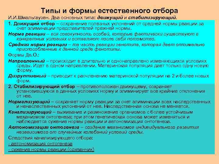 Типы и формы естественного отбора И. И. Шмальгаузен. Два основных типа: движущий и стабилизирующий.