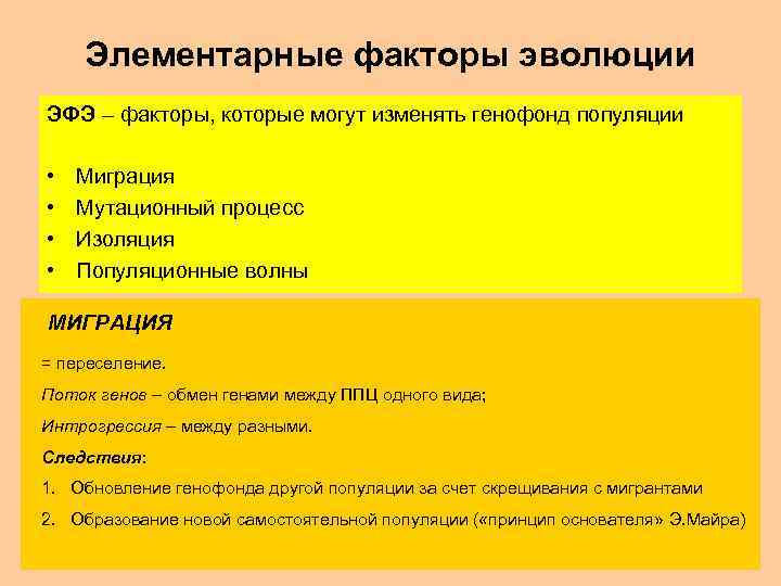 Элементарные факторы эволюции ЭФЭ – факторы, которые могут изменять генофонд популяции • • Миграция