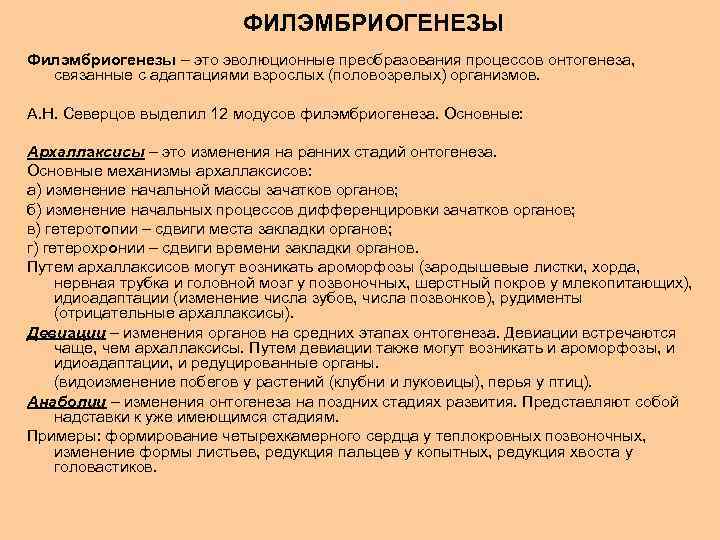ФИЛЭМБРИОГЕНЕЗЫ Филэмбриогенезы – это эволюционные преобразования процессов онтогенеза, связанные с адаптациями взрослых (половозрелых) организмов.
