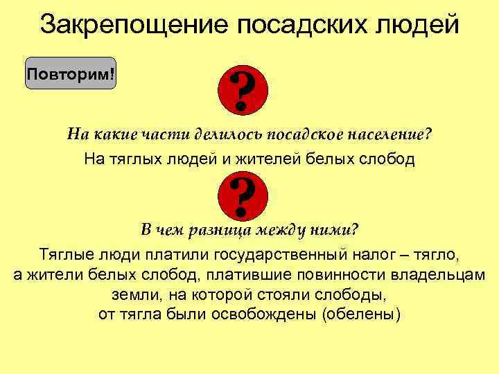 Закрепощение посадских людей Повторим! ? На какие части делилось посадское население? На тяглых людей