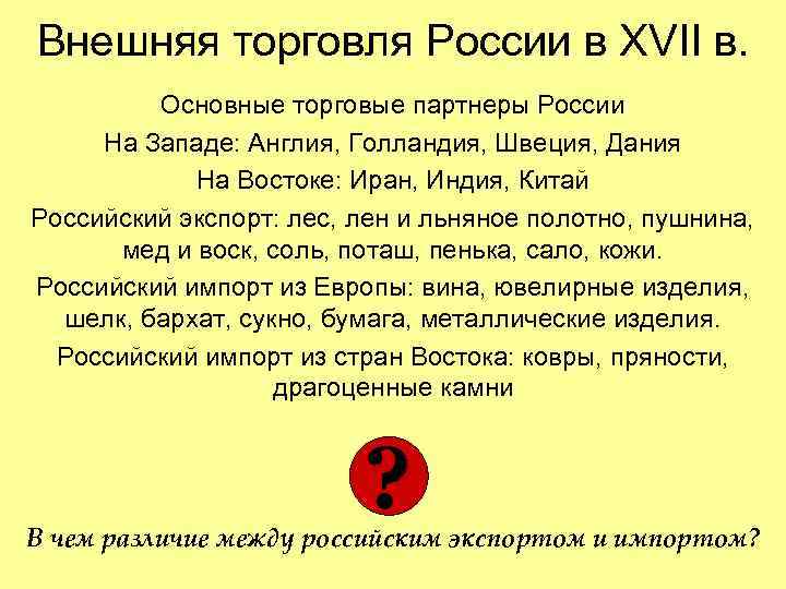 Внешняя торговля России в XVII в. Основные торговые партнеры России На Западе: Англия, Голландия,