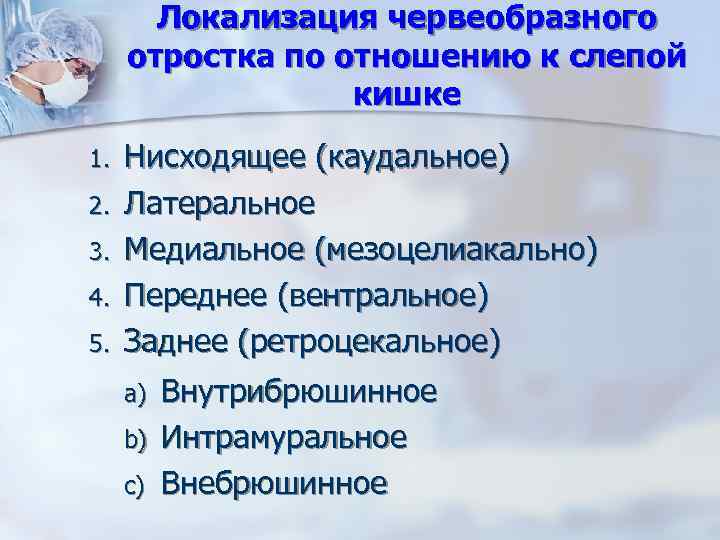 Локализация червеобразного отростка по отношению к слепой кишке 1. 2. 3. 4. 5. Нисходящее