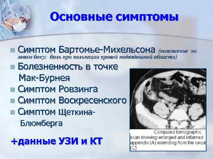 Основные симптомы n Симптом Бартомье-Михельсона (положение на левом боку; боль при пальпации правой подвздошной