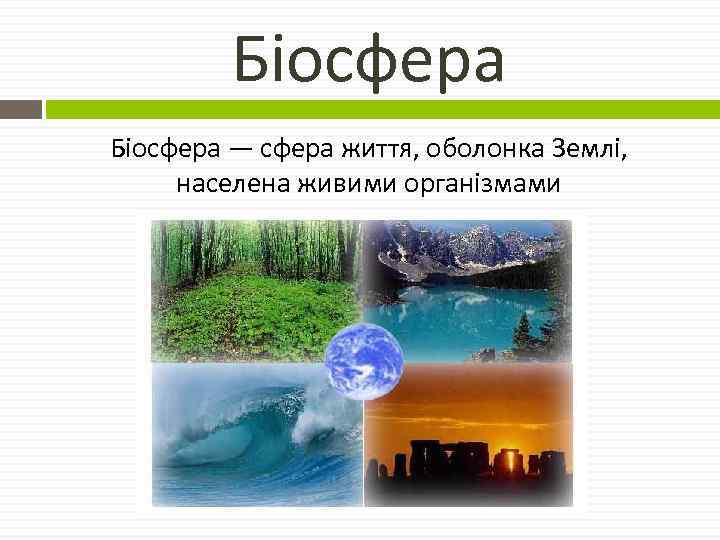 Біосфера — сфера життя, оболонка Землі, населена живими організмами 