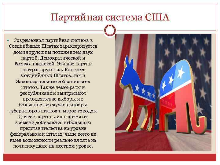 Партийная система США Современная партийная система в Соединённых Штатах характеризуется доминирующим положением двух партий,