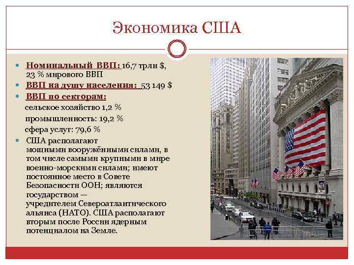 Экономика США Номинальный ВВП: 16, 7 трлн $, 23 % мирового ВВП на душу