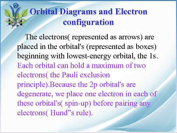 Orbital Diagrams and Electron configuration The electrons( represented as arrows) are placed in the