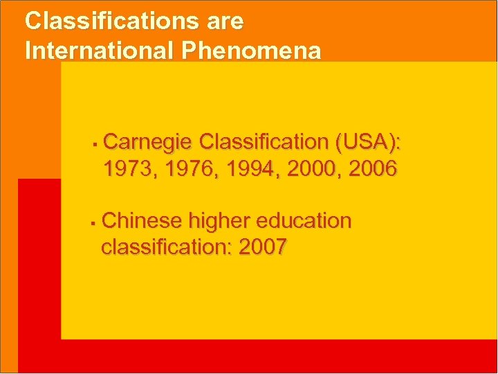Classifications are International Phenomena § § Carnegie Classification (USA): 1973, 1976, 1994, 2000, 2006
