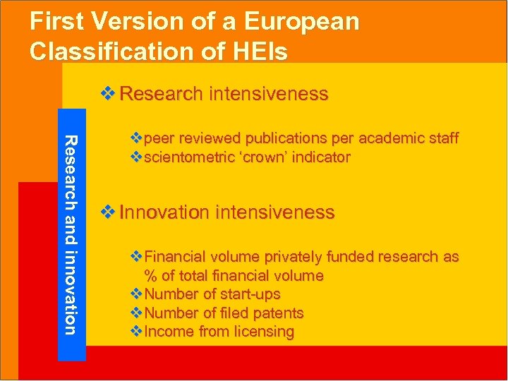 First Version of a European Classification of HEIs v Research intensiveness R e s
