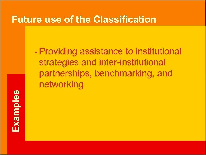 Future use of the Classification Examples § Providing assistance to institutional strategies and inter-institutional