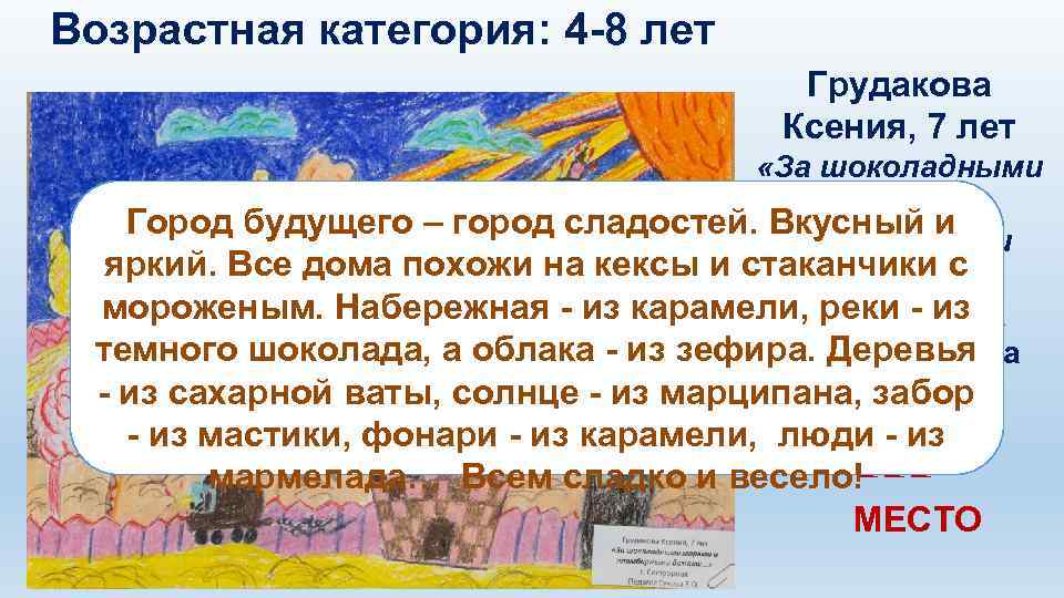 Возрастная категория: 4 -8 лет Грудакова Ксения, 7 лет «За шоколадными морями и Город