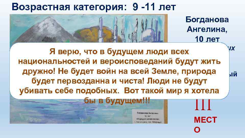 Возрастная категория: 9 -11 лет Богданова Ангелина, 10 лет «Город из моих Я верю,