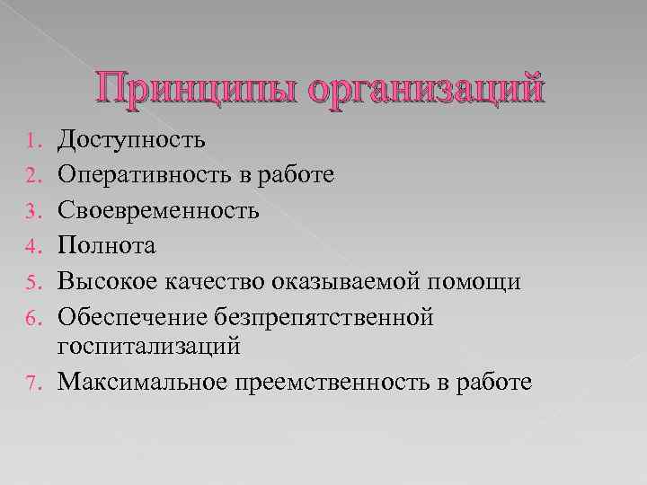 Принципы организаций 1. 2. 3. 4. 5. 6. 7. Доступность Оперативность в работе Своевременность