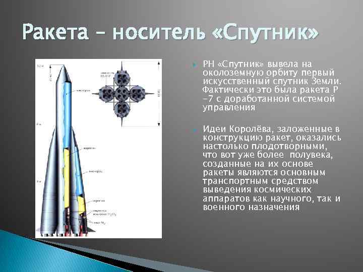 Ракета – носитель «Спутник» РН «Спутник» вывела на околоземную орбиту первый искусственный спутник Земли.