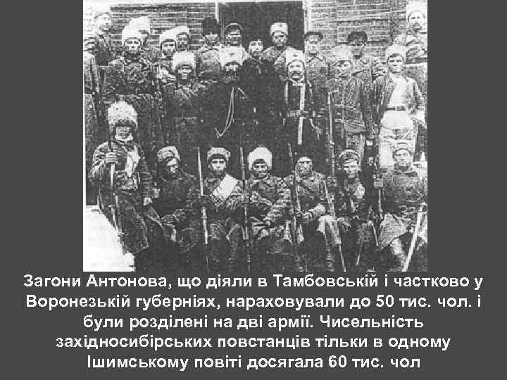 Загони Антонова, що діяли в Тамбовській і частково у Воронезькій губерніях, нараховували до 50