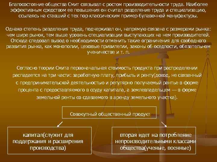 Благосостояние общества Смит связывал с ростом производительности труда. Наиболее эффективным средством ее повышения он