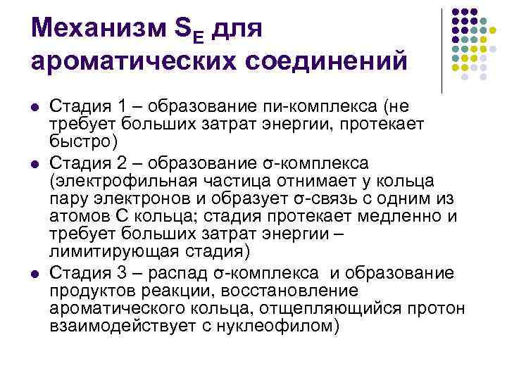 Механизм SE для ароматических соединений l l l Стадия 1 – образование пи-комплекса (не