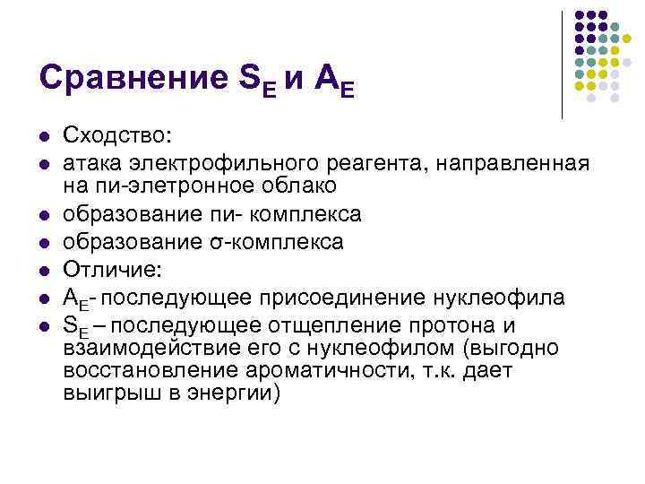 Сравнение SE и АЕ l l l l Сходство: атака электрофильного реагента, направленная на