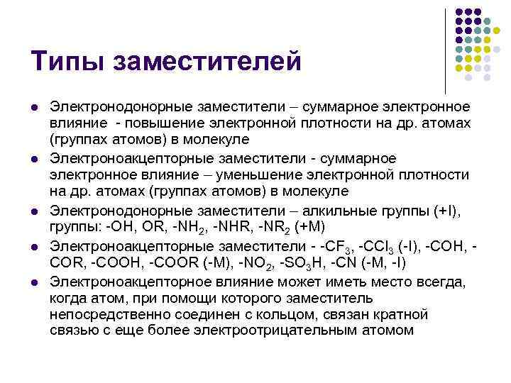 Типы заместителей l l l Электронодонорные заместители – суммарное электронное влияние - повышение электронной