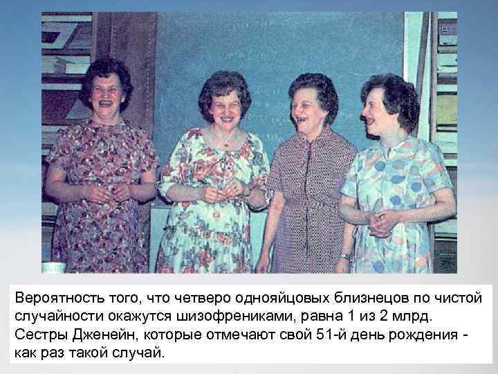 Вероятность того, что четверо однояйцовых близнецов по чистой случайности окажутся шизофрениками, равна 1 из