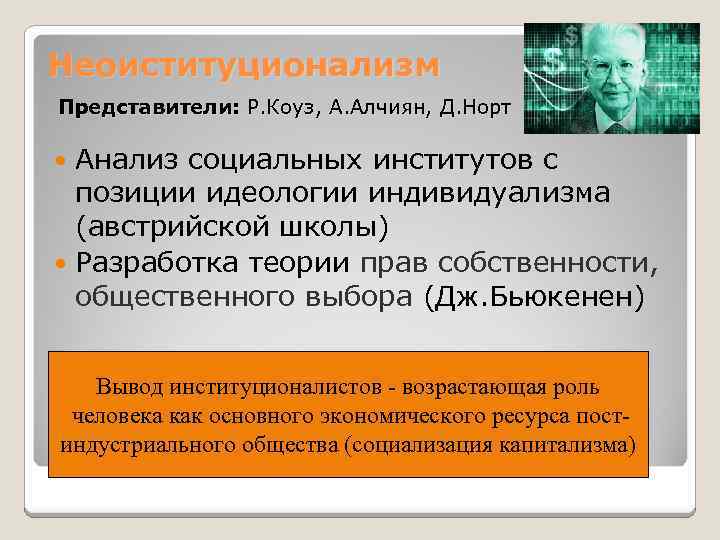 Неоиституционализм Представители: Р. Коуз, А. Алчиян, Д. Норт Анализ социальных институтов с позиции идеологии