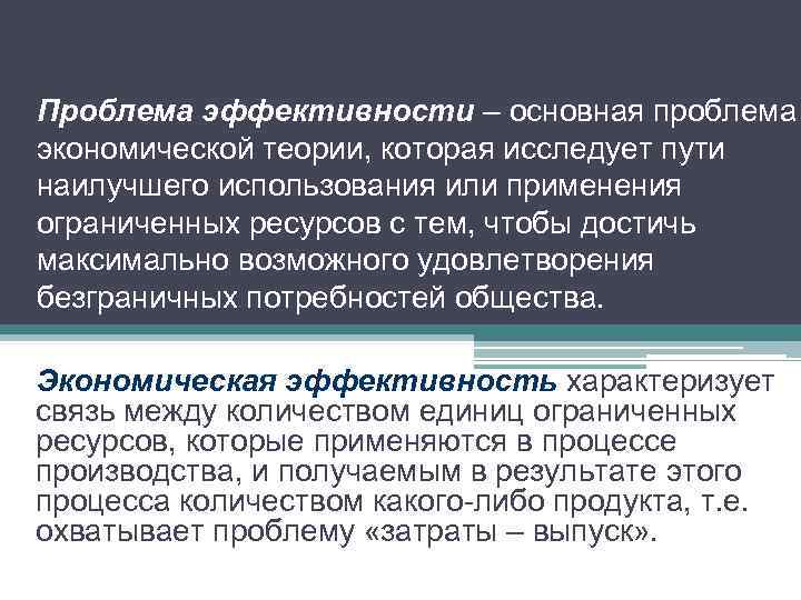 Проблема эффективности – основная проблема экономической теории, которая исследует пути наилучшего использования или применения