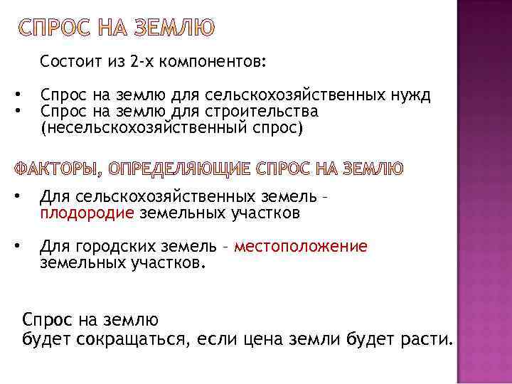 Состоит из 2 -х компонентов: • • Спрос на землю для сельскохозяйственных нужд Спрос