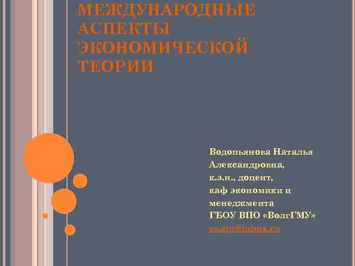 МЕЖДУНАРОДНЫЕ АСПЕКТЫ ЭКОНОМИЧЕСКОЙ ТЕОРИИ Водопьянова Наталья Александровна, к. э. н. , доцент, каф экономики