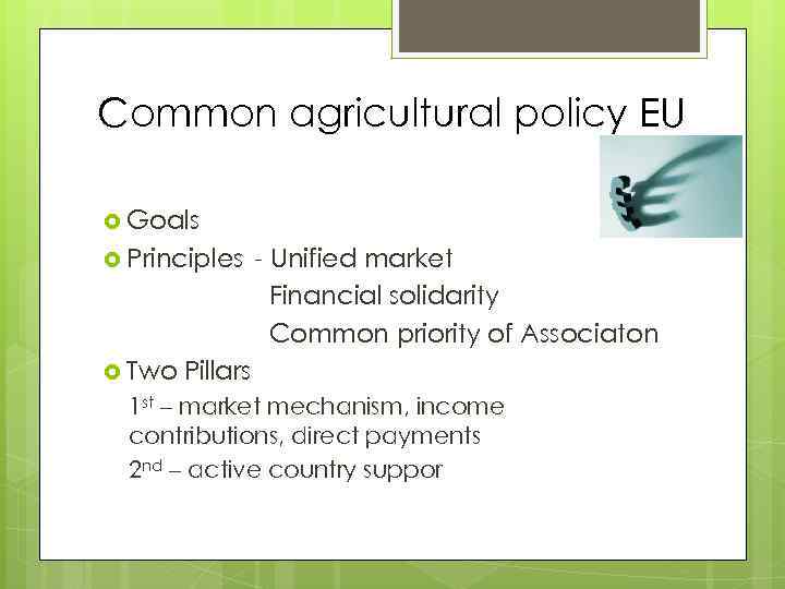 Common agricultural policy EU Goals Principles Two - Unified market Financial solidarity Common priority