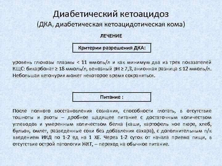 Диабетический кетоацидоз (ДКА, диабетическая кетоацидотическая кома) ЛЕЧЕНИЕ Критерии разрешения ДКА: уровень глюкозы плазмы <