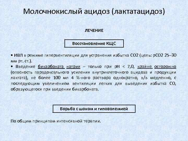 Молочнокислый ацидоз (лактатацидоз) ЛЕЧЕНИЕ Восстановление КЩС • ИВЛ в режиме гипервентиляции для устранения избытка