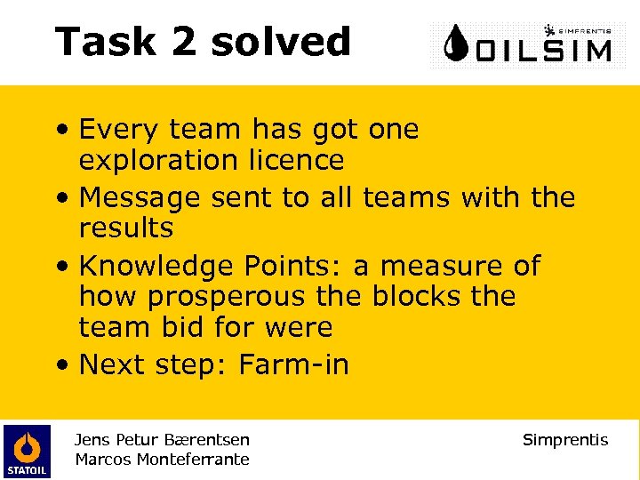 Task 2 solved • Every team has got one exploration licence • Message sent