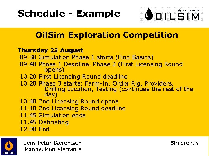 Schedule - Example Oil. Sim Exploration Competition Thursday 23 August 09. 30 Simulation Phase