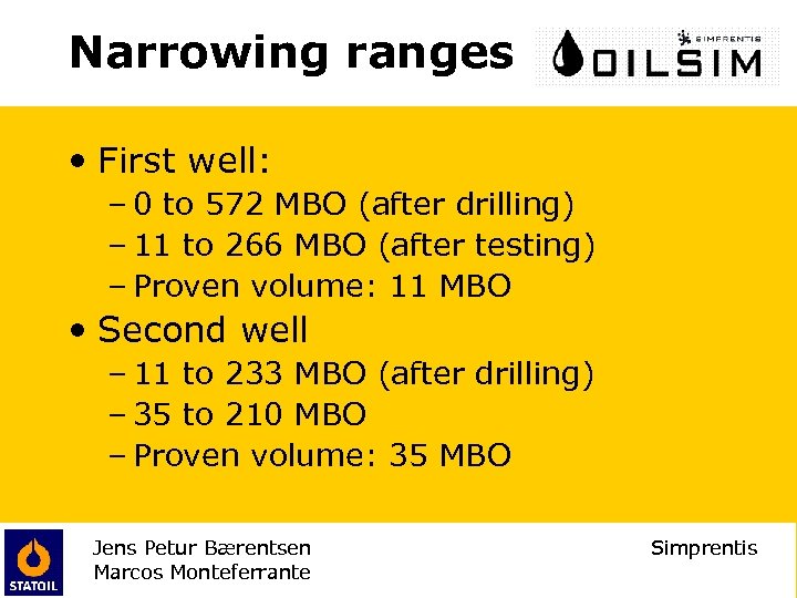 Narrowing ranges • First well: – 0 to 572 MBO (after drilling) – 11