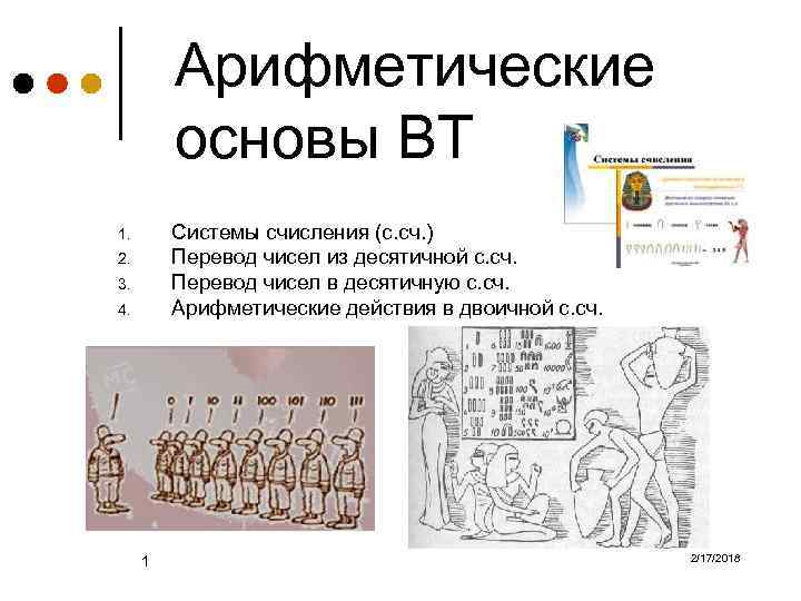 Арифметические основы ВТ Системы счисления (с. сч. ) Перевод чисел из десятичной с. сч.