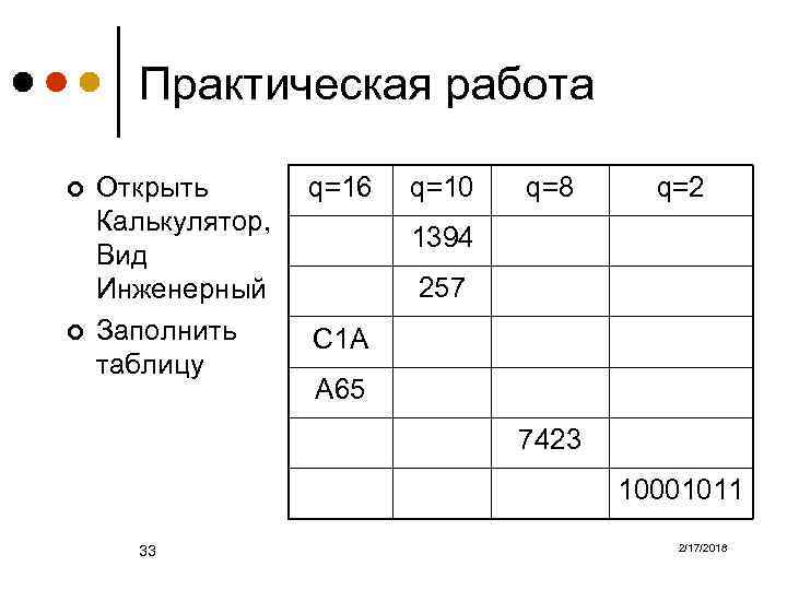 Практическая работа ¢ ¢ Открыть Калькулятор, Вид Инженерный Заполнить таблицу q=16 q=10 q=8 q=2