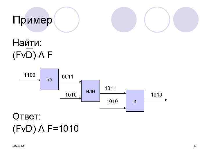 Пример Найти: (FνD) Λ F 1100 не 0011 1010 или 1011 1010 и Ответ: