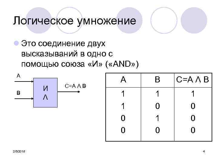 Логическое умножение l Это соединение двух высказываний в одно с помощью союза «И» (