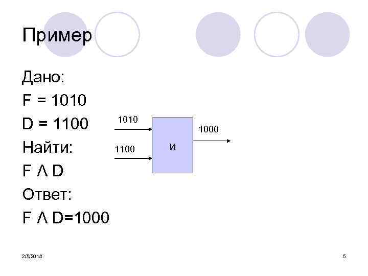Пример Дано: F = 1010 D = 1100 Найти: FΛD Ответ: F Λ D=1000
