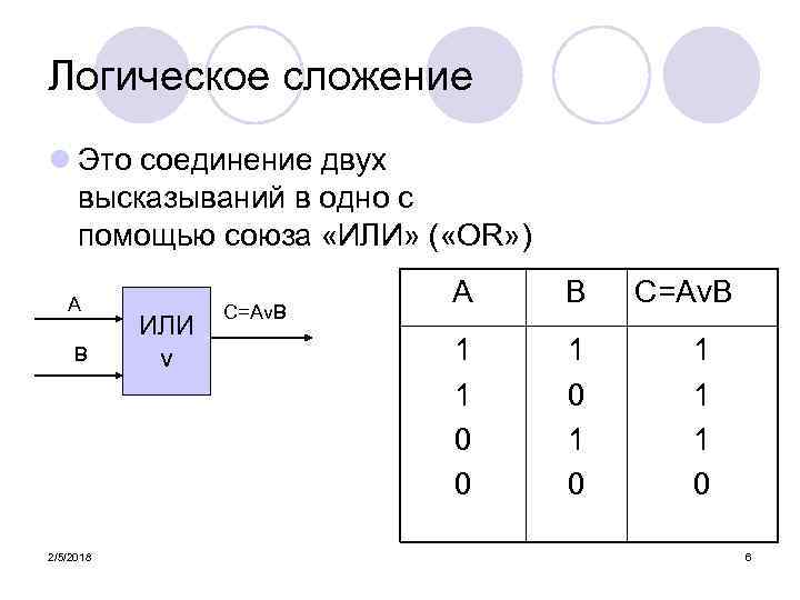 Логическое сложение l Это соединение двух высказываний в одно с помощью союза «ИЛИ» (